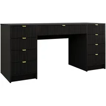 Mirjan24 Schreibtisch Tireno Bis (mit neun Schubladen), 154x55x76 cm, Goldfarben Aluminiumgriffe, Schminktisch schwarz