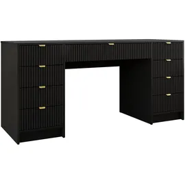Mirjan24 Schreibtisch Tireno Bis (mit neun Schubladen), 154x55x76 cm, Goldfarben Aluminiumgriffe, Schminktisch schwarz