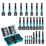 LIBRATON 24 Magnetisches Steckschlüssel-Set, Schlagbohrschrauber-Bit-Set 1/4", Metrische und SAE Magnet Stecknuss für Schlagbohrmaschinen, Stecknuss Adapter, Bithalter, Bohrer, Schwarzphosphatierung