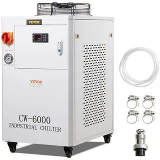 Vevor Industrieller Wasserkühler, CW6000, 1500 W Wasserkühler-Kühlsystem mit Kompressor, 15 L Wassertankkapazität, 65 L/min max. Durchflussrate, für Kühlmaschine für CO2-Lasergravurmaschinen