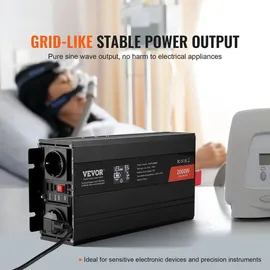 Vevor Wechselrichter mit reiner Sinuswelle 2000W DC 12V AC 230V Spannungswandler mit 2 AC-Steckdosen 2 USB-Anschlüssen 1 Typ-C-Anschluss LCD-Display und Fernbedienung für mittelgroße Haushaltsgeräte