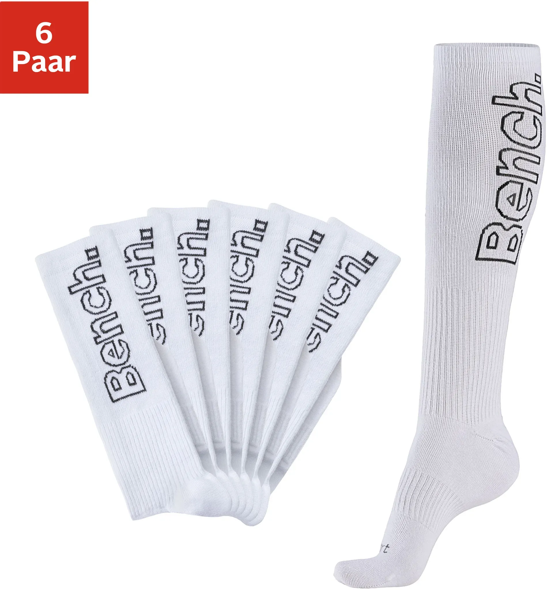 Kniestrümpfe BENCH., Damen, Gr. 35-38, weiß (6x weiß), Baumwollmischung, unifarben, elastisch, Socken Kniestrümpfe, mit antibakterieller Feuchtigkeitsregulierung