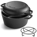 Velaze Gusseisen Topf Brot Backen, 5L Dutch Oven 26cm, Robuste Brotbackform mit Deckel, Eingebrannter Schmortopf mit Untersetzer, Brottopf Brotbacken Doppelfunktion Deckel & Bratpfanne
