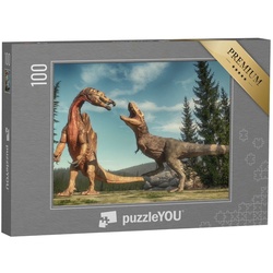 puzzleYOU Puzzle Spinosaurus und T Rex auf dem Jurassic Valley, 100 Puzzleteile, puzzleYOU-Kollektionen Dinosaurier, Tiere aus Fantasy & Urzeit