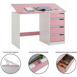 Idimex Kinderschreibtisch EMMA 114 x 76 x 55 cm Kiefer massiv weiß rosa