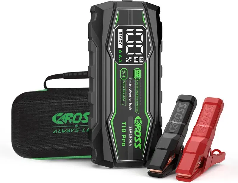 1500A 12V Tragbare Starthilfe, Schwarz, 16000mAh Lithium-Ionen-Batterie, Funkenfreie Technologie und Verpolungsschutz, Boost-Funktion, 2,3-Zoll LED-Display, QC 18W Schnellladung, Schutzhülle inklusive