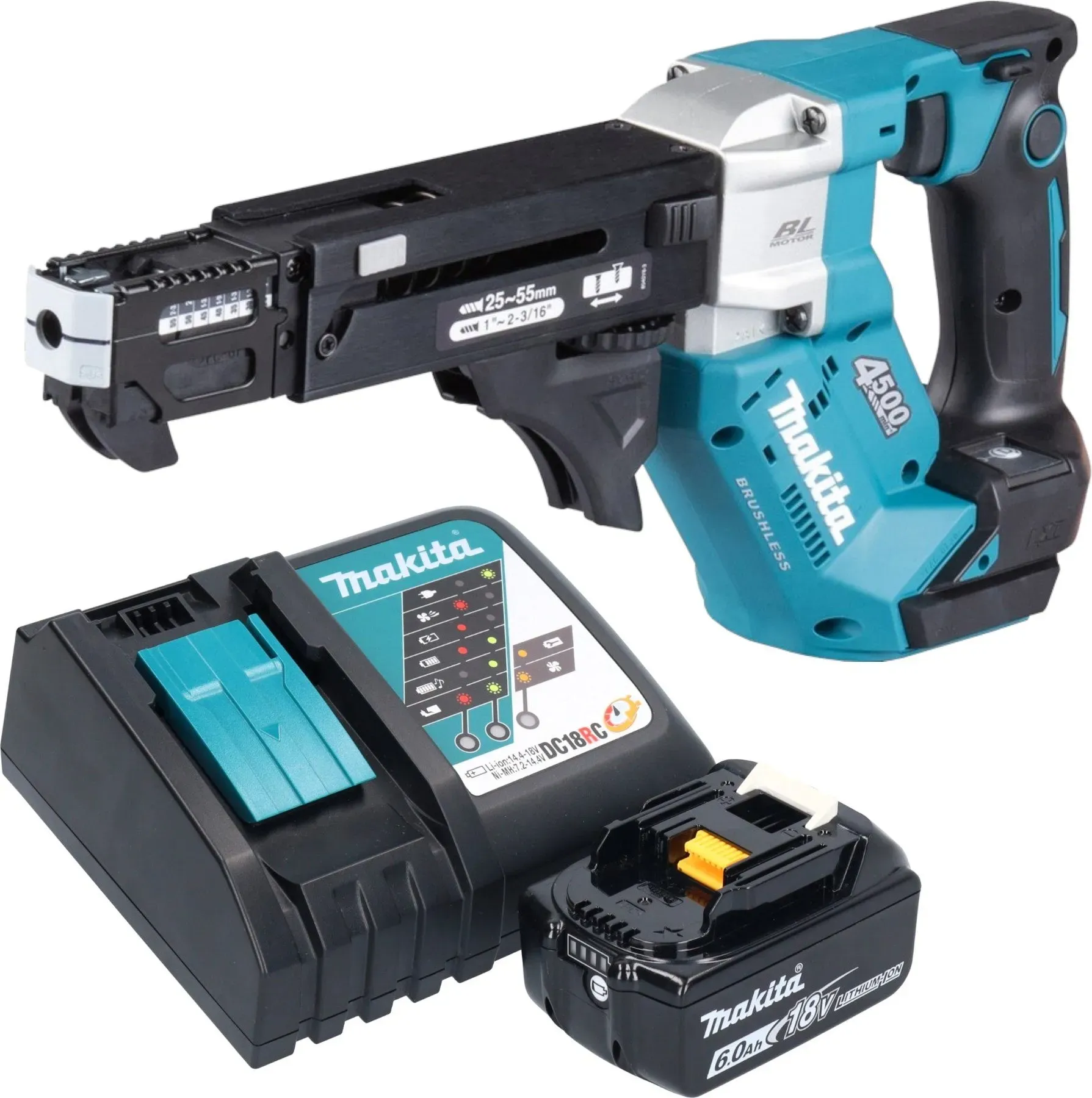 Makita DFR 552 RG1 Akku Magazinschrauber 18 V 25 - 55 mm Brushless + 1x Akku 6,0 Ah + Ladegerät