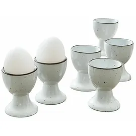 Loberon Eierbecher 6er Set Biarré - Steingut mit Zierendem Farbrand - Handgetöpfert - Glänzende Oberfläche - 6.5cm, weiß