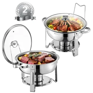 Vevor Chafing Dish Buffet Speisenwärmer mit 2 Behältern in voller Größe (4,7 L pro), runder Catering-Wärmespender mit Glasdeckel & Wasserpfanne & klappbarer Ständer, für Buffet Partys Silber