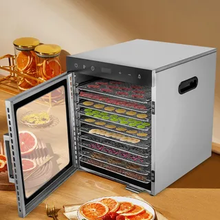 10 Tray Edelstahl Dörrautomat Dörrer 800W Lebensmittel-Dehydrator Dörrgerät Dehydrator Dörautomat Obsttrockner, 0.5-24h, 30-90°C Temperaturregelung,30x28cm Tray
