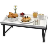 Relaxdays Betttablett, Bambus, HxBxT: 20 x 50 x 30 cm, Serviertablett mit Füßen, Griffe, Frühstück im Bett, weiß/ grau