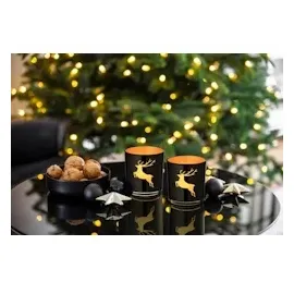 Edzard 2er Set Teelichtglas ELSA (Höhe 8 cm), Hirsch-Motiv, außen schwarz/innen Gold