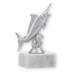 Pokal Kunststofffigur Marlin silbermetallic auf weißem Marmorsockel 14,1cm