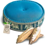 livasia Meditationskissen mit Thaiseide - Ø 45x15cm - Yogakissen mit Kapok, Pouf, Bodenkissen für Yoga und Zen Meditation, Sitzkissen für Garten und Balkon, Zafukissen (Hellblau/Elefanten Seide)