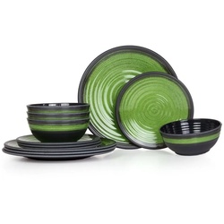 Moritz Geschirr-Set Camping Geschirr Stone Green, Melamin, 12 tlg, Geschirrset Campinggeschirr Picknick Geschirr Bootsgeschirr grün|weiß