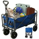 Refined Living Bollerwagen Camping Bollerwagen Faltbar 200L Ausziehbarer Griff Strandbuggy 150kg (Für Lebensmittel, Outdoor, Strand Familienausflug Gartenwagen, Stahlrahmen Transportwagen für Haustiere und Kinder mit Seitentaschen), Tragbar Strandwagen 360° abnehmbares Schwenkrad mit Bremsfunktion blau