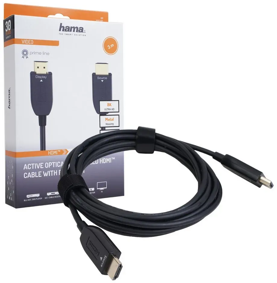 Hama 3m HDMI-Kabel Lang Anschluss-Kabel Optisch Video-Kabel, HDMI, (300 cm), AOT Optisch Aktiv 8K 4K UHD Full HD TV 3D HD TV LED LCD OLED Plasma schwarz