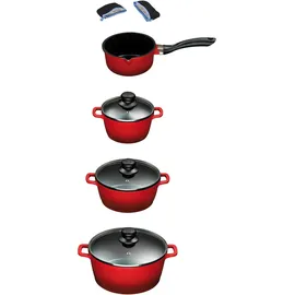 King Aluguss-Topf-Set 4-tlg. rot 3 x Kochtopf + Stielkasserolle + 2 x Henkelpads