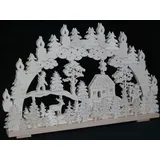 schwibbola holzkunst aus dem erzgebirge Schwibbogen mit Waldmotiv mit Jäger Haus Schneemann und Beleuchtung BxHxT 70x44x7cm NEU Lichterbogen Fensterbogen Spitzbogen Erzgebirge Seiffen Weihnachten Licht Holz Dekoration