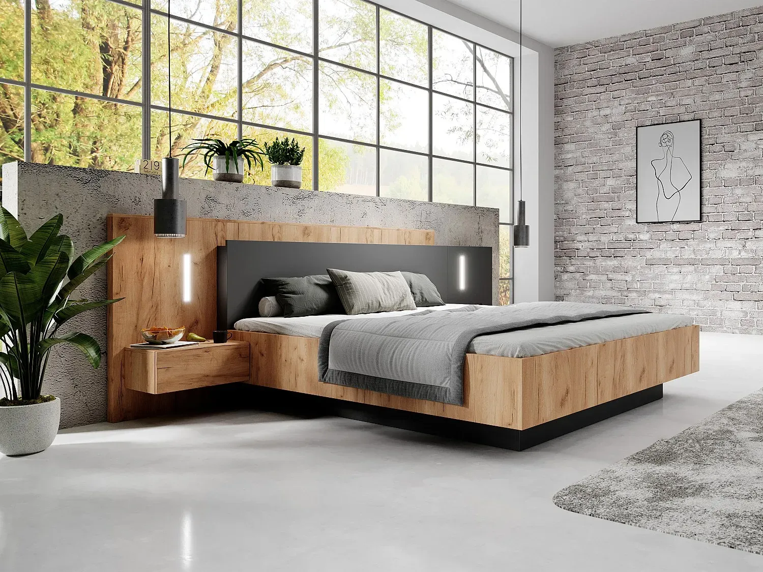 Bett mit integrierten Nachttischen - 160 x 200 cm - 2 Schubladen + LEDs + Lattenrost - Naturfarben & Anthrazit - FRANCOLI