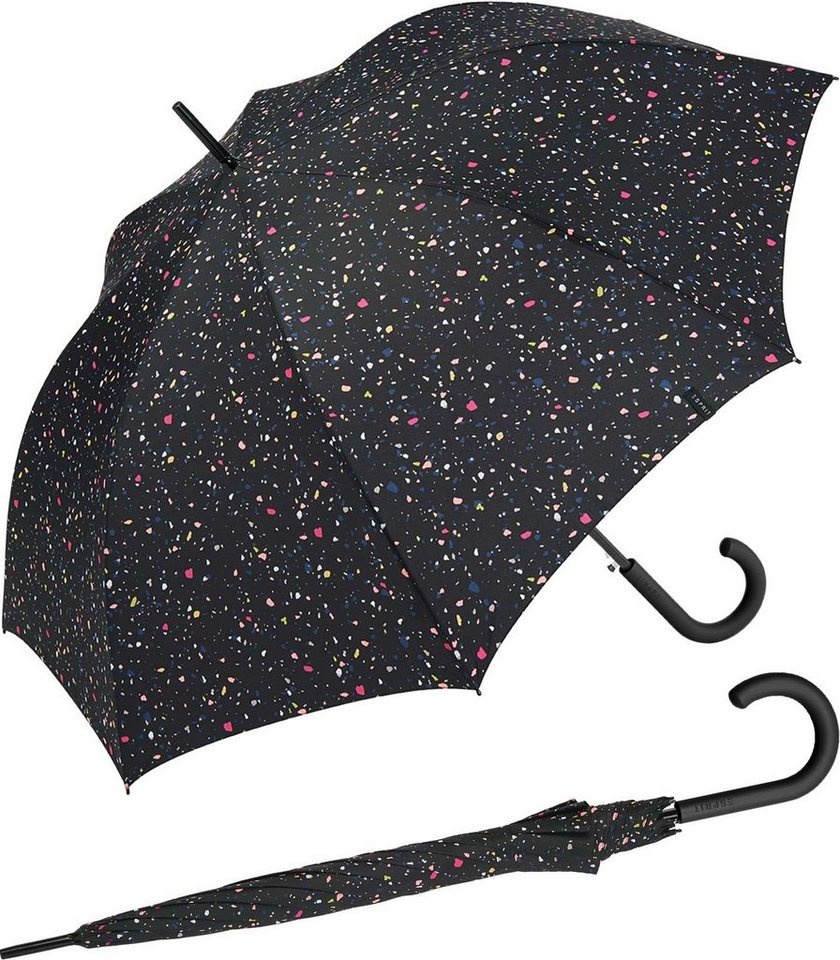 Esprit Langregenschirm Damen Auf-Automatik - Terrazzo Dots - schwarz, groß, stabil, mit verspieltem Sternenmuster bunt|schwarz