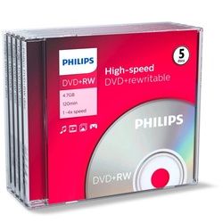 Philips DVD-Rohling 5 Philips Rohlinge DVD+RW 4,7GB 4x Jewelcase