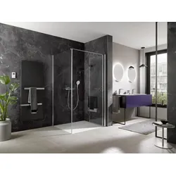 HSK teilgerahmte Drehfalttür pendelbar „Exklusiv 2.0“ für Seitenwand Glas Mattglas, Profile Schwarz-matt, Scharniere Premium Classic, B: 900 mm H: 2000 mm