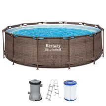 BESTWAY Steel Pro Max Frame Pool Set 366 x 100 cm rattanoptik inkl. Filterpumpe + Poolleiter