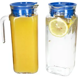 2x KARO Kühlschrankkrug mit Deckel blau 1L Henkel Glas-Karaffe Kanne Saft Wasser