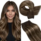 Hetto Tressen Echthaar zum Einnähen Balayage Tressen Haarverlängerung Echthaar Balayage Schokoladenbraun to Karamellblond Echthaar Tressen #4/27/4 80g 35cm
