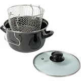 Crealys 545413 Fritteuse, traditionell, aus emailliertem Stahl, schwarz, Ø 26 cm – mit verzinntem Korb + Glasdeckel – für alle Herde, auch Induktion