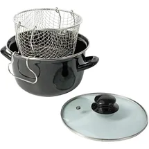 Crealys 545413 Fritteuse, traditionell, aus emailliertem Stahl, schwarz, Ø 26 cm – mit verzinntem Korb + Glasdeckel – für alle Herde, auch Induktion
