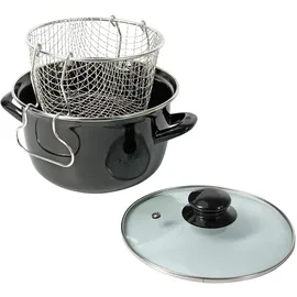 Crealys 545413 Fritteuse, traditionell, aus emailliertem Stahl, schwarz, Ø 26 cm – mit verzinntem Korb + Glasdeckel – für alle Herde, auch Induktion