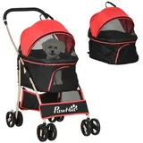 PawHut Hundewagen, 2 in 1 Hundetrolley, faltbarer Hundebuggy mit Kissen, Katzenwagen für kleine Hunde, Katzen, Katzenbuggy mit 4 Rädern, Netzfenster, Oxfordstoff, Rot