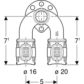 Geberit FlowFit Doppelanschlusswinkel 90Gr Rg+ d16-Rp1/2-d20 L:52mm