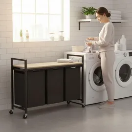 DanDiBo Ambiente DanDiBo Wäschekorb mit Rollen und 1 Ablage Wäscheregal Wäschesammler 3 Fächer 96697 Wäschebox Regal Wäschetonne Wäschesortierer Wäschetrenner