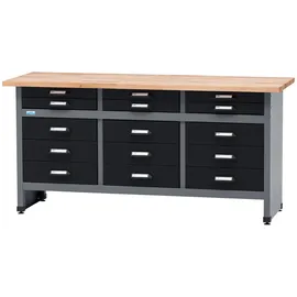 KÜPPER Werkbank Holz 170x84x60 cm schwarz 15 Schubladen 300 kg Traglast