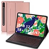 Samsung Galaxy Tab S7 Fe Tastatur, Tastatur Hülle für Samsung Galaxy Tab S7 FE/S7+/S8+ 12.4'', Abnehmbarer 7-Farbige Beleuchtung Tastatur für Galaxy Tab S7 Plus/S8 Plus mit QWERTZ Layout, Roségold