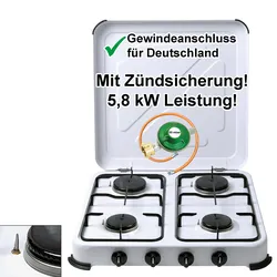 Camping-Gas-Kocher Mobi 4-flammig, weiss  mit Zündsicherung, Gasschlauch und Gas...