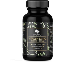 Vitamin D3 20000 I.E + K2 MK7 200 mcg Depot Hochdosiert - 180 Vegane Kapseln