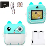SYFUNLV Display Digitalkamera Kinder,Selfie Digitalkamera Kinder,DigitalKamera Print,2.4 Zoll Kinderkamera,Sofortbildkamera mit Farbigen Stiften,mit 3 Rollen Druckpapier & 32GB TF Karte (Grün)