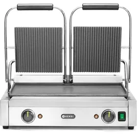 HENDI Kontaktgrill, Doppelversion, Elektrogrill, Tischgrill, Sandwichtoaster, Regelbar bis max. 300°C, Oberseite (H)530mm, Grillfläche 475x230mm, 230V, 3600W, 570x370x(H)210mm, Edelstahl