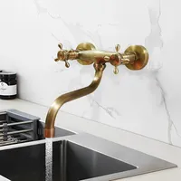 KOPYFANTAP Küchenarmatur Messing Wandmontage, Wand Wasserhahn Küche Bronze Antik, 360°Drehbar Doppelhebel Wandarmatur Retro, Wand Wasserhahn Spültischarmatur für Badezimmer