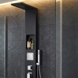 Wunderbad Duschpaneel in Schwarz Matt mit Mischerventil inkl. integrierter Wandnische - Schwarz