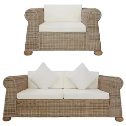 vidaXL 2-tlg. Sofagarnitur mit Auflagen Natur Rattan