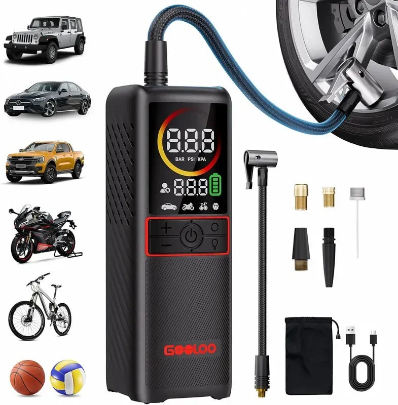 【44 nach Promotion】(GOOLOO5) GOOLOO GT160 Reifenaufladgerät Tragbarer Luftdruckkompressor, 160PSI Tragbarer Luftpumpe für Autoreifen, 7500mAh Kabelgebundene Luftpumpe mit Digitaldruckanzeige geeignet für Autos, Fahrräder, Bälle, Motorräder