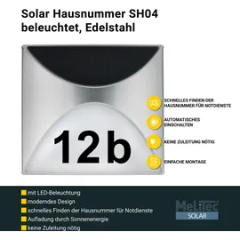 Melitec Solar-Hausnummer SH04, moderne LED-beleuchtete Hausnummer, für außen, wasserdicht, aus Edelstahl, kabellose Solar-Hausnummernleuchte - Silber