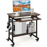 Schreibtisch mit Rollen, Tastaturablage, platzsparender Computertisch PC-Tisch mit Ablagefläche unten und Haken, industrieller Laptoptisch für das