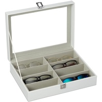 Relaxdays Brillenbox für 8 Brillen, Aufbewahrung Sonnenbrillen, HBT 8,5 x 33,5 x 24,5 cm, Kunstleder Brillenkoffer, weiß