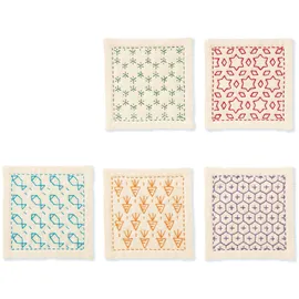 OM System Olympus Thread Hitomezashi Sashiko Stickpackung Untersetzer ecru 5Stk mit dünnem Sashiko Garn Stoff bedruckt